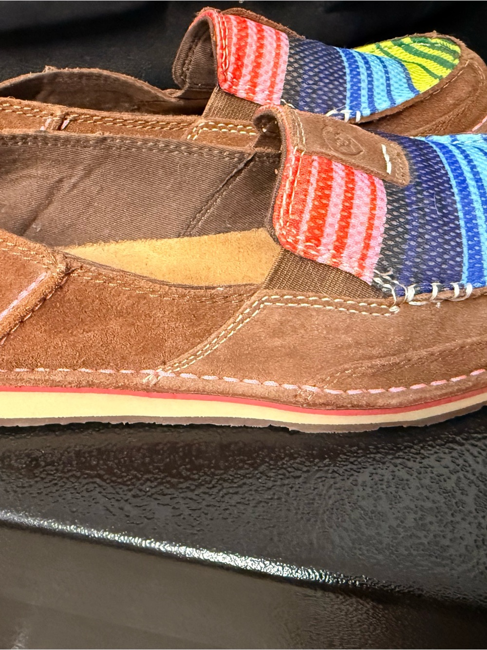 Ariat Brown Suede Slip-On Loafers with Multicolor Striped Knit Upper - Picture 2 of 3
